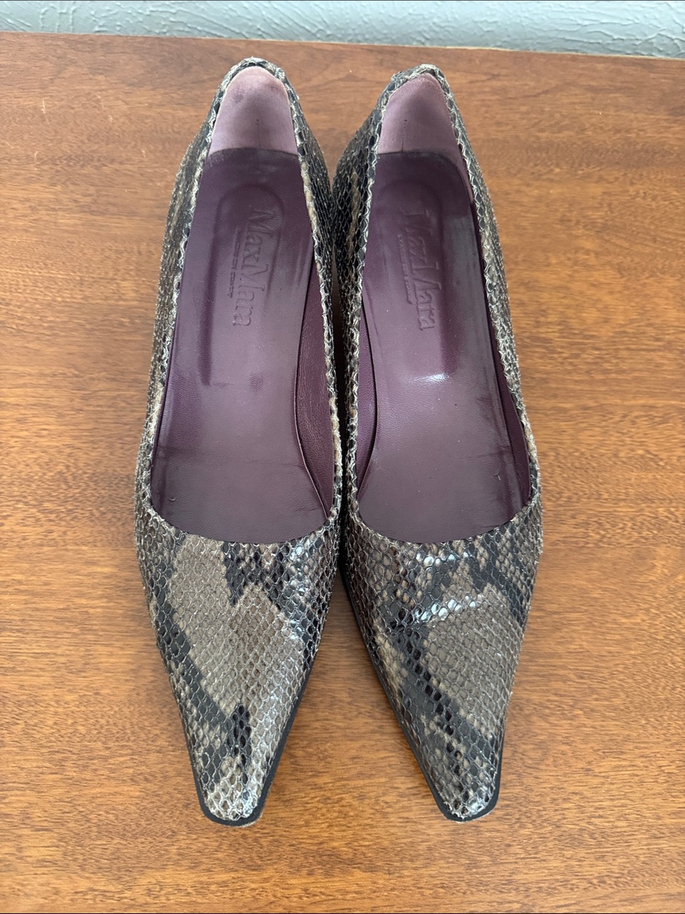 MaxMara  Snake-Print Pointed Pumps with Plum Lining